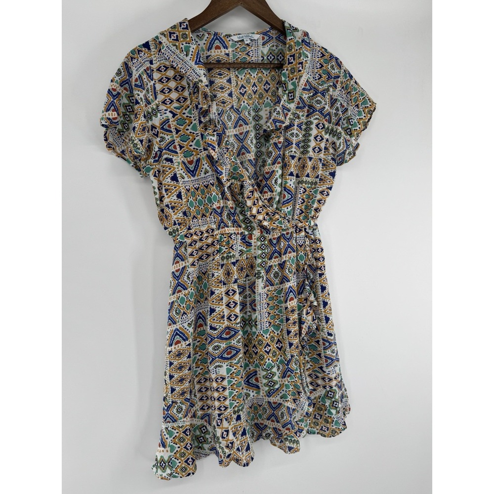 Blue Island Faux‎ Wrap Dress Short Sleeve Rayon Boho Tiered Geometric artsy S